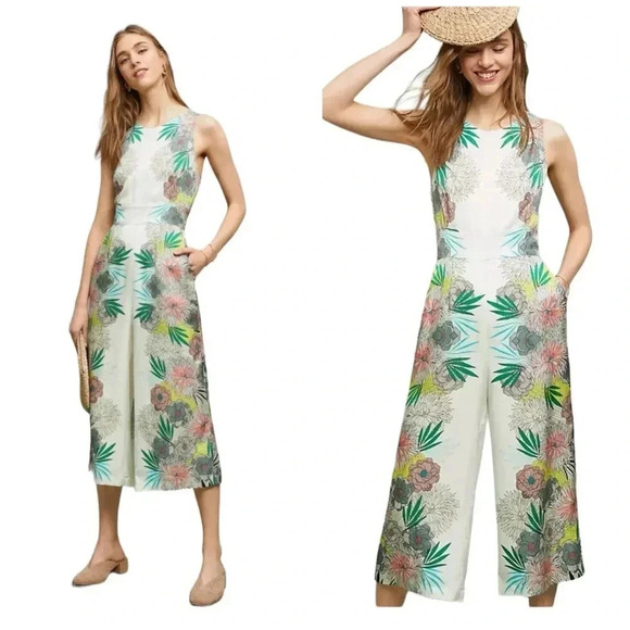 Anthropologie COREY LYNN CALTER Jumpsuit sz 14 Floral Sleeveless Wide-Crop Leg - Picture 1 of 14
